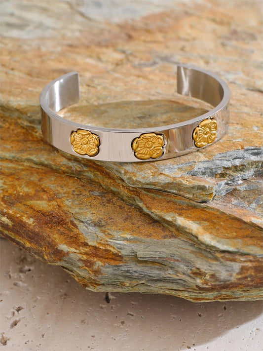 Flower pattern open cuff statement bracelet - product image