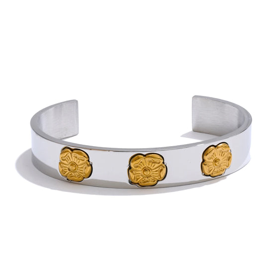 Flower pattern open cuff statement bracelet - product image