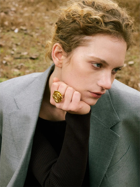 Flower texture open adjustable metal charm ring - product image