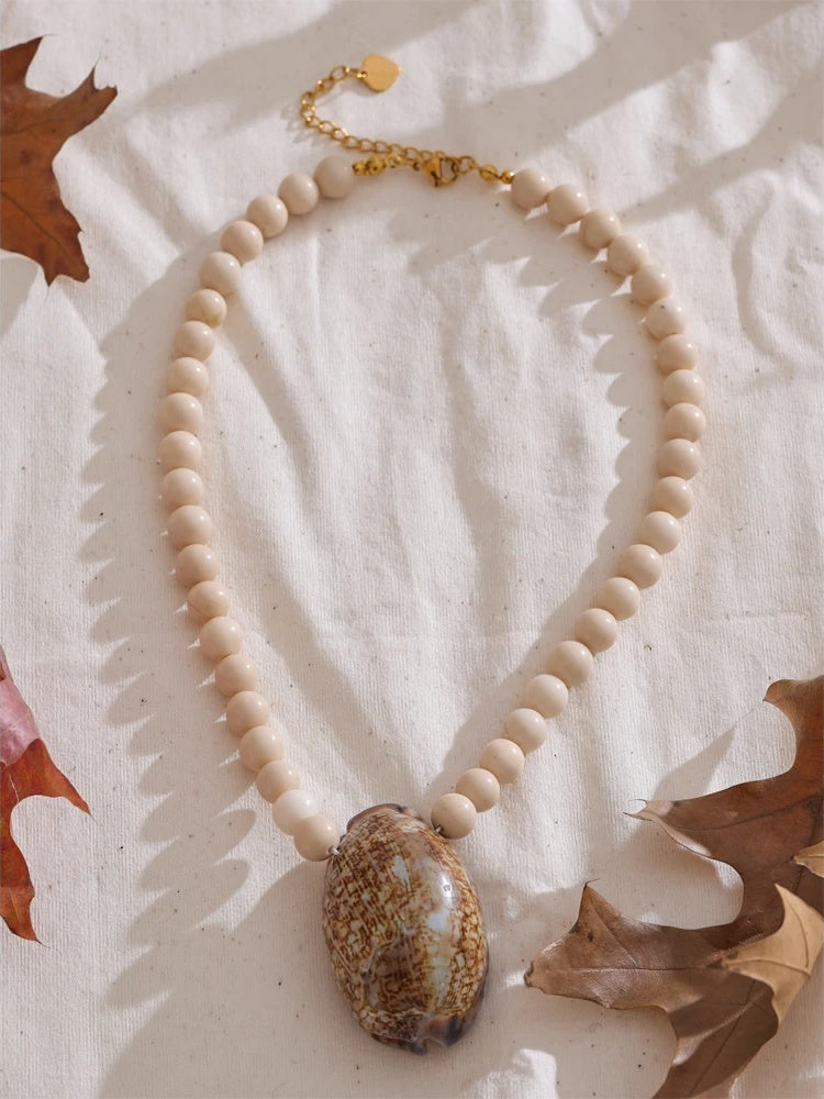 Fossil beads conch pendant necklace - product image