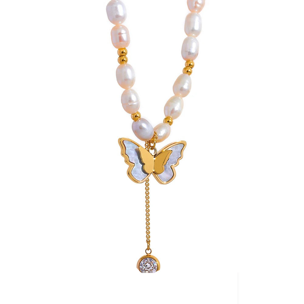 Freshwater pearl chain butterfly pendant necklace - product image