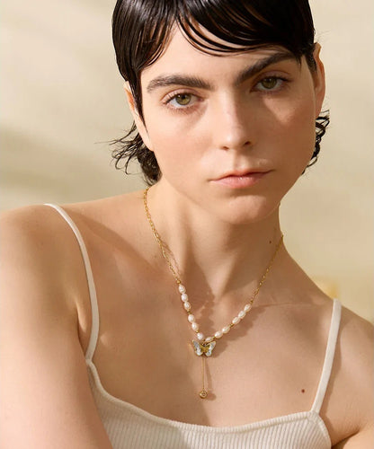 Freshwater pearl chain butterfly pendant necklace - product image