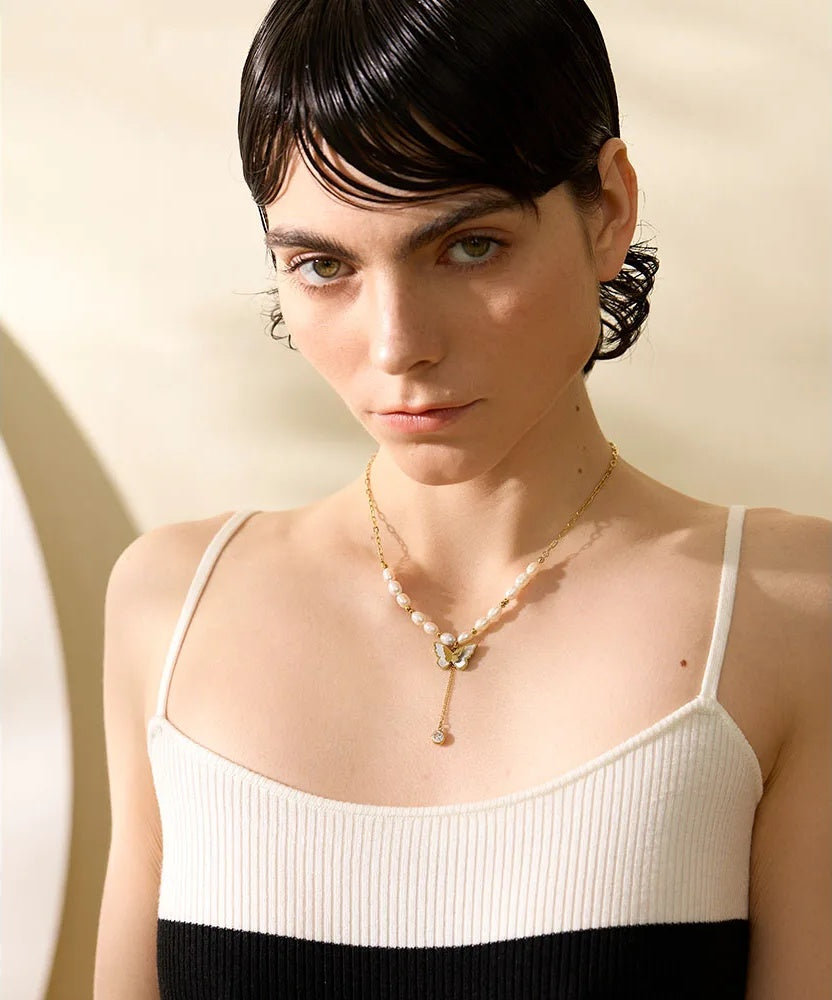 Freshwater pearl chain butterfly pendant necklace - product image