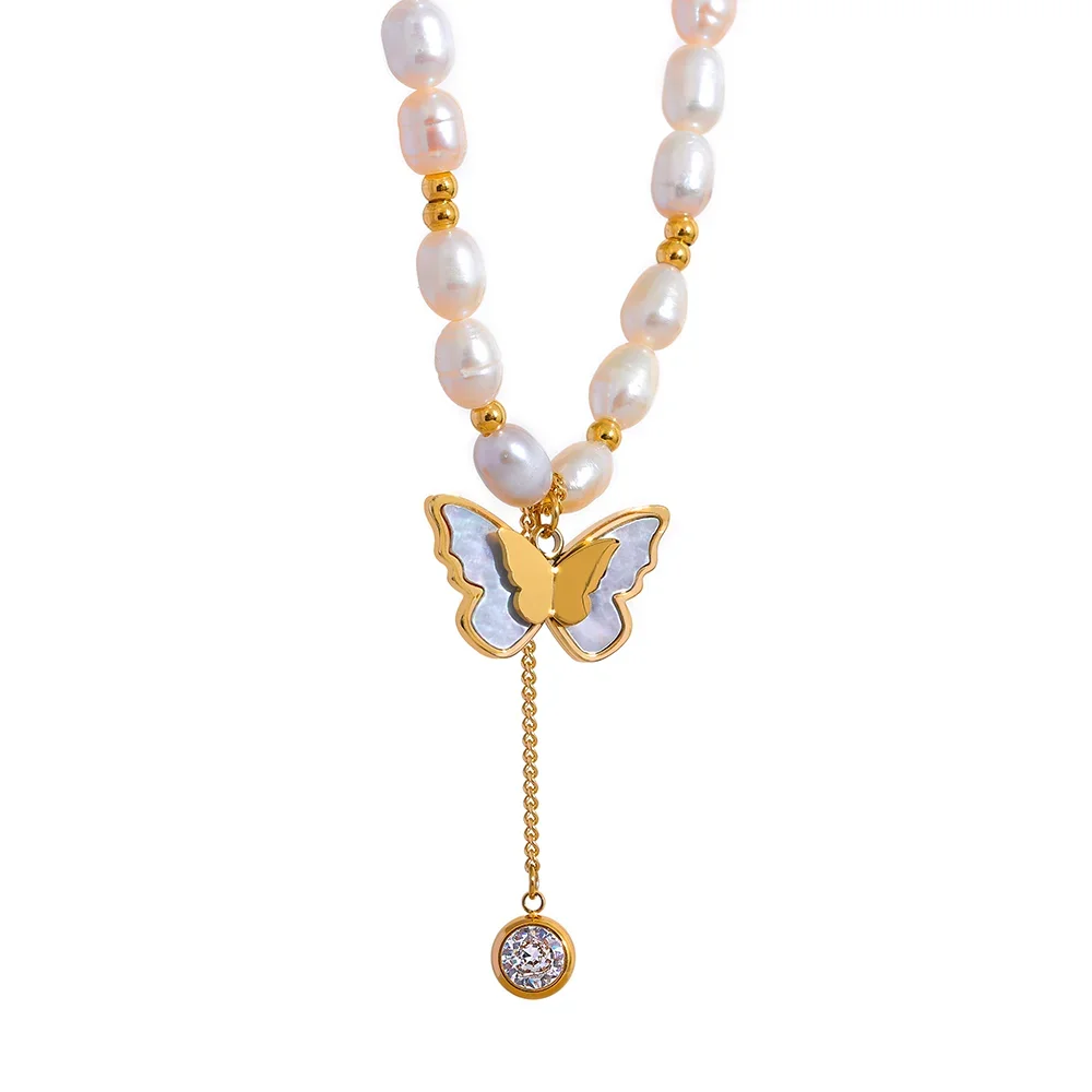 Freshwater pearl chain butterfly pendant necklace - product image