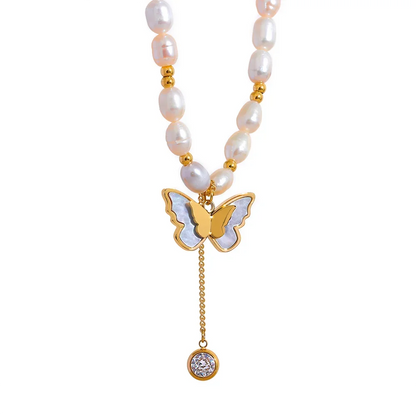 Freshwater pearl chain butterfly pendant necklace - product image