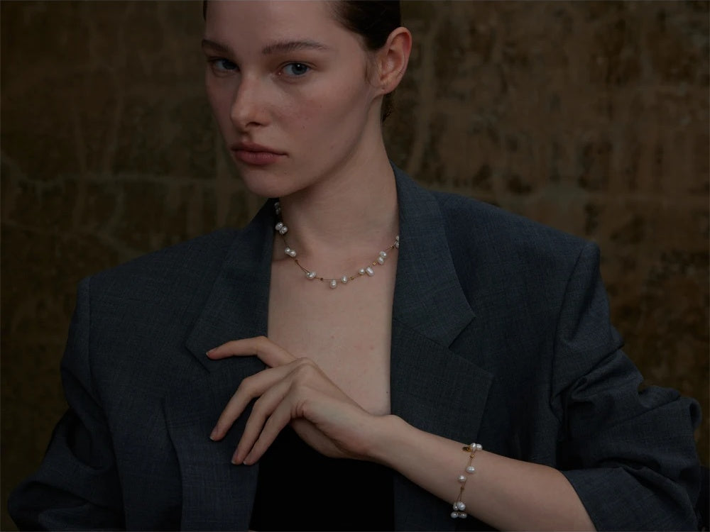 Freshwater pearl chain necklace bracelet set - product image