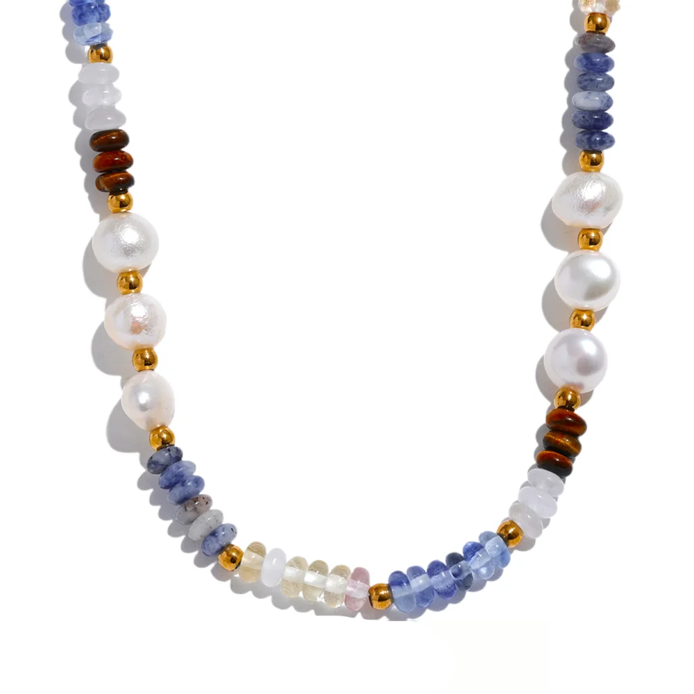 Freshwater pearl lapis lazuli beads chain necklace - product image