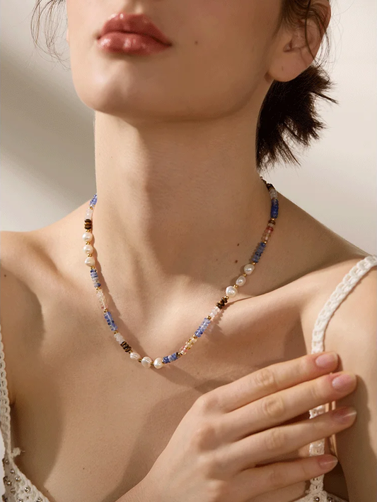 Freshwater pearl lapis lazuli beads chain necklace - product image