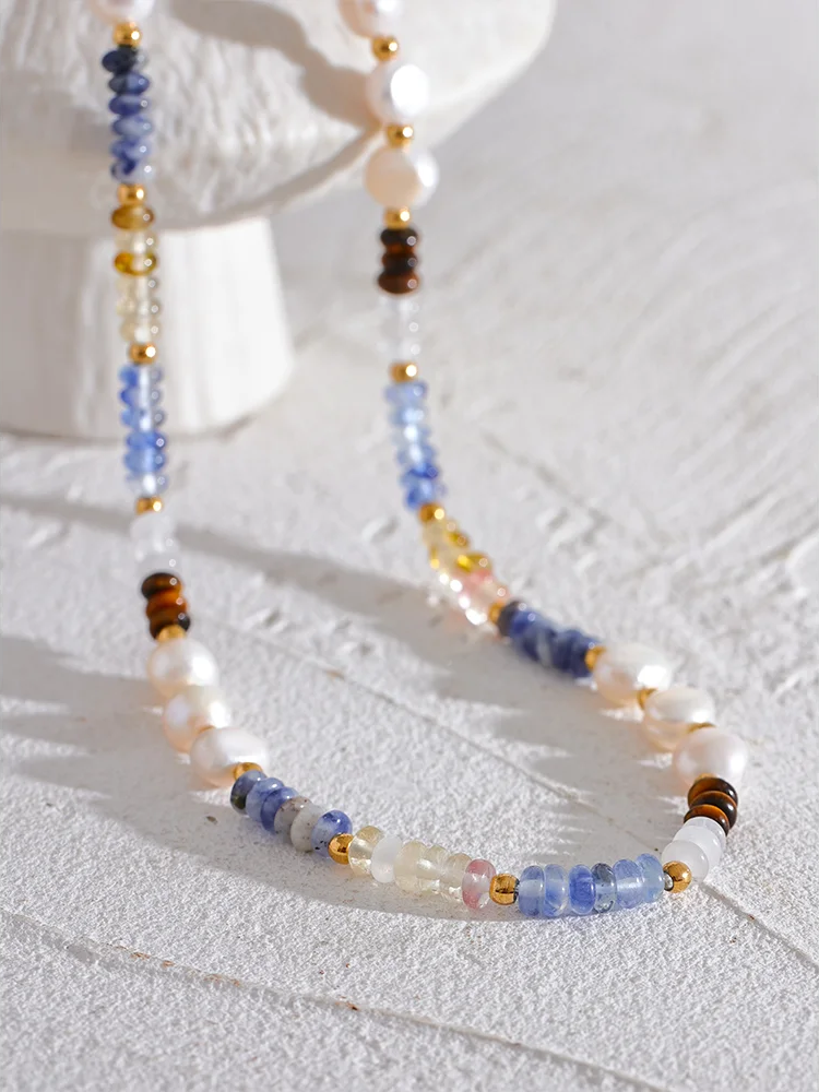 Freshwater pearl lapis lazuli beads chain necklace - product image