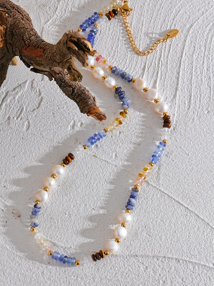 Freshwater pearl lapis lazuli beads chain necklace - product image