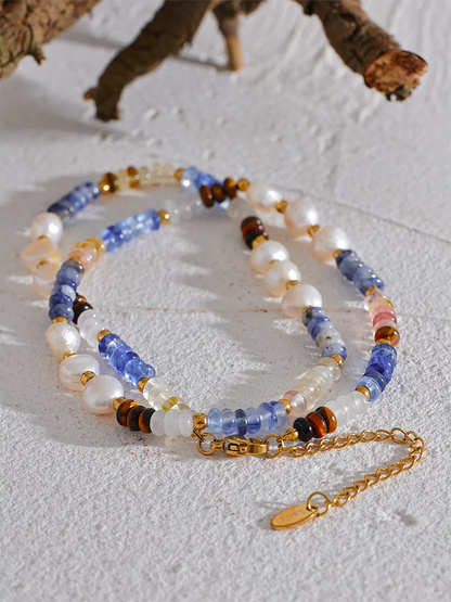 Freshwater pearl lapis lazuli beads chain necklace - product image