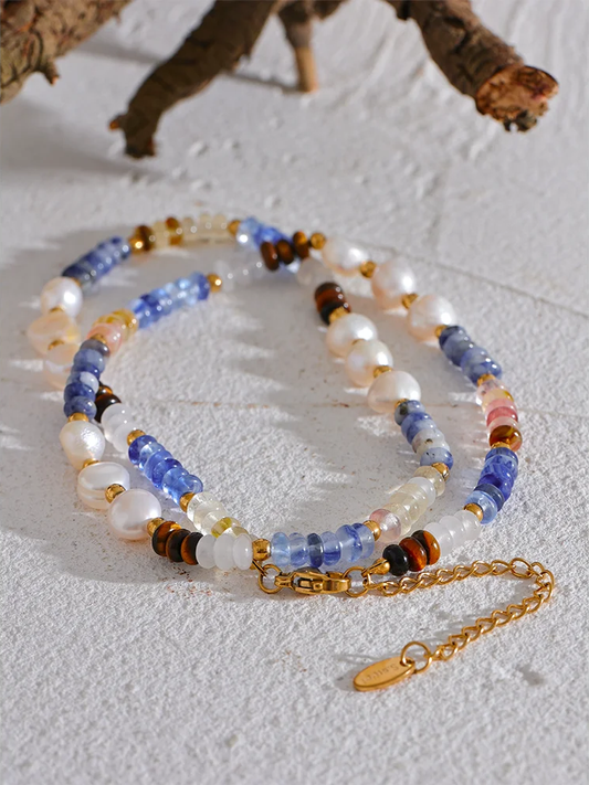 Freshwater pearl lapis lazuli beads chain necklace - product image