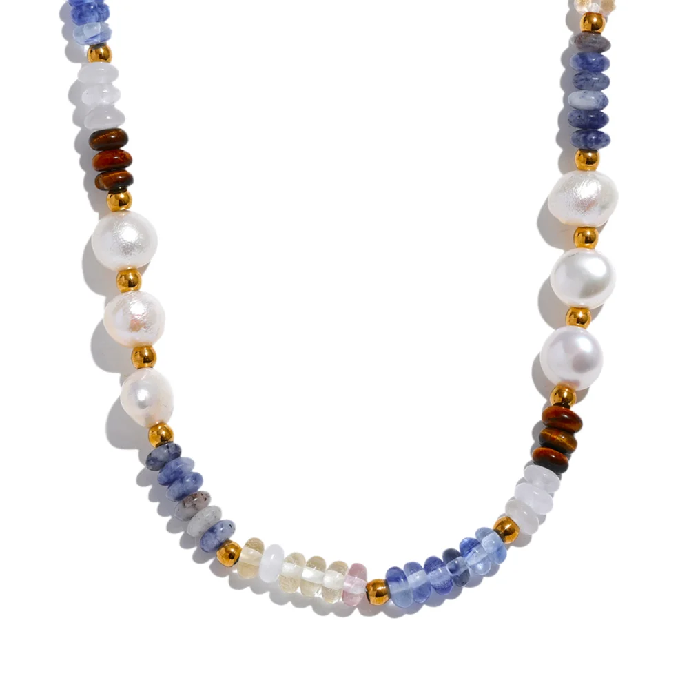 Freshwater pearl lapis lazuli beads chain necklace - product image