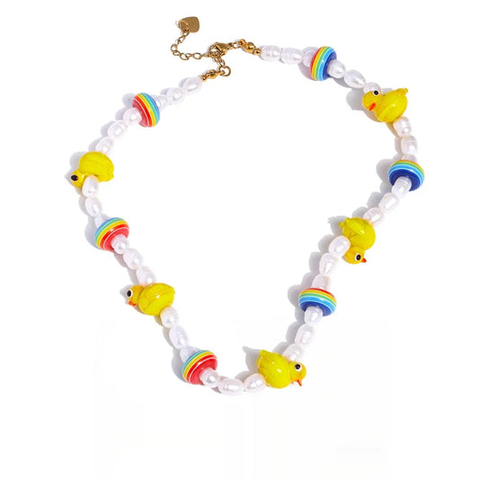 Freshwater pearls yellow duck beads chain necklace - product image
