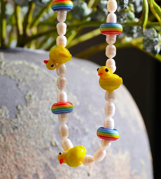 Freshwater pearls yellow duck beads chain necklace - product image