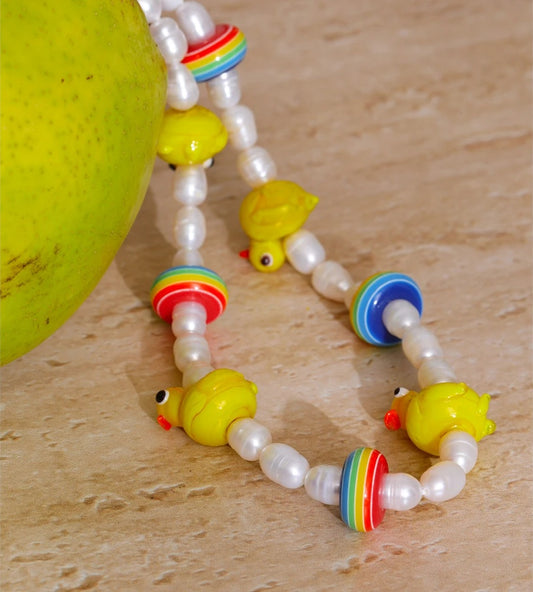Freshwater pearls yellow duck beads chain necklace - product image