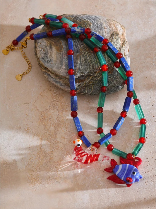 Glazed sea lion fish natural stone pendant necklace - product image