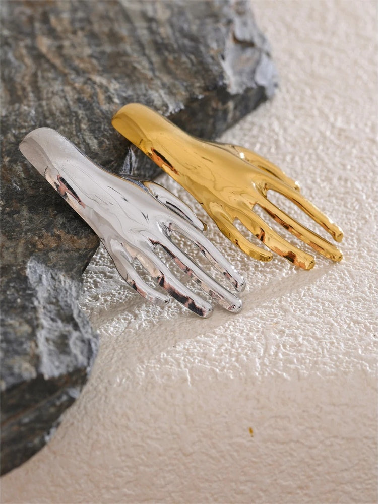 Glossy metal hand palm brooch pin - product image