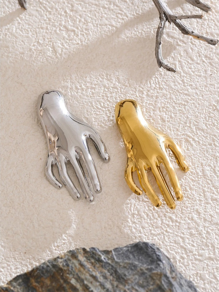 Glossy metal hand palm brooch pin - product image
