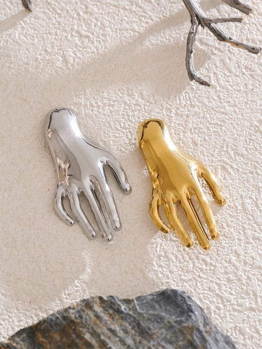 Glossy metal hand palm brooch pin - product image