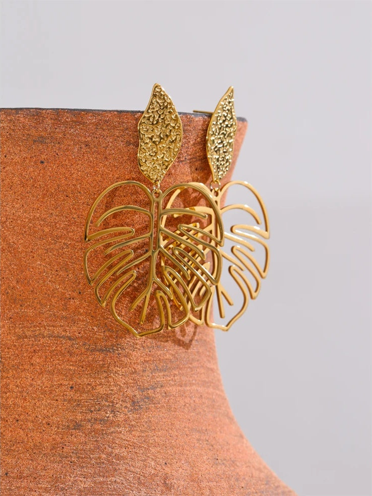 Gold color leaf hollow drop earrings women - product image