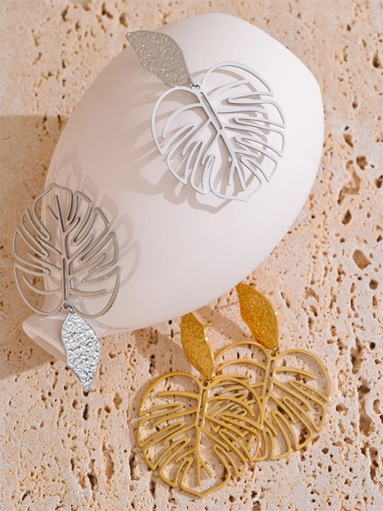 Gold color leaf hollow drop earrings women - product image