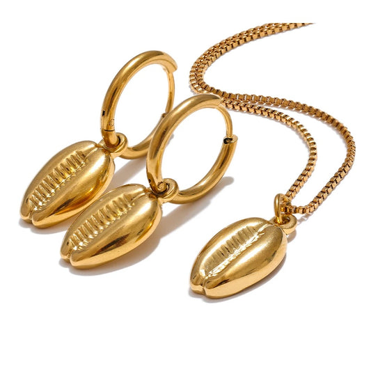 Gold color metal shell hoop earrings necklace set - product image