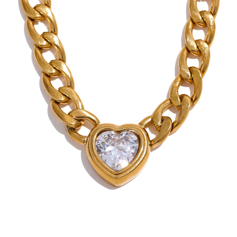 Golden chain link heart bling zirconia necklace - product image
