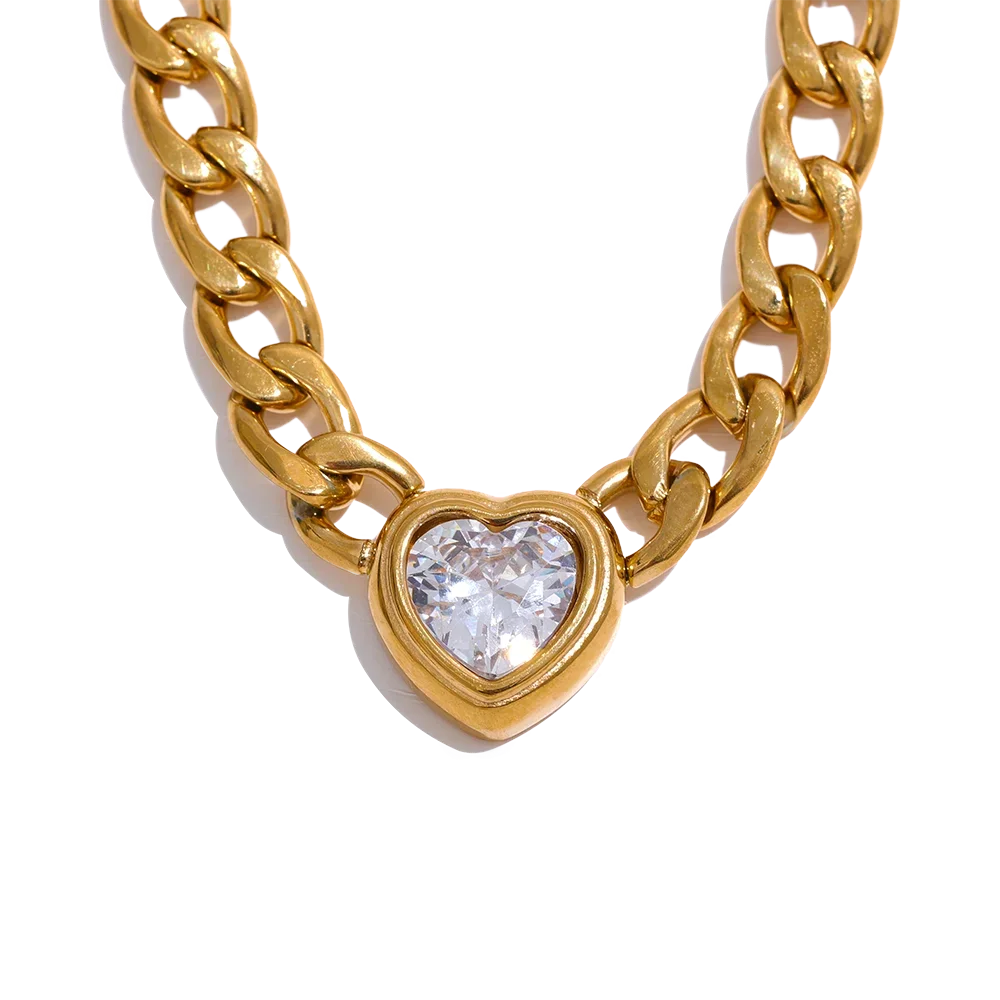 Golden chain link heart bling zirconia necklace - product image