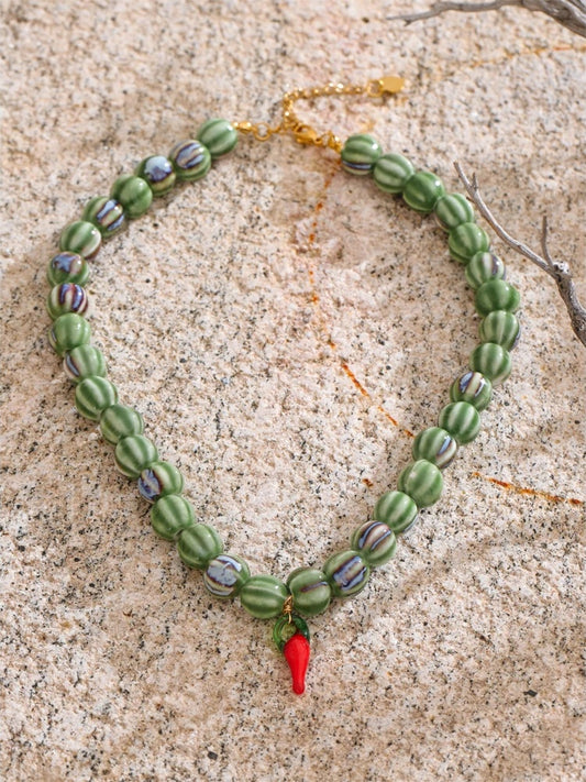 Green ceramic beads pendant necklace - product image