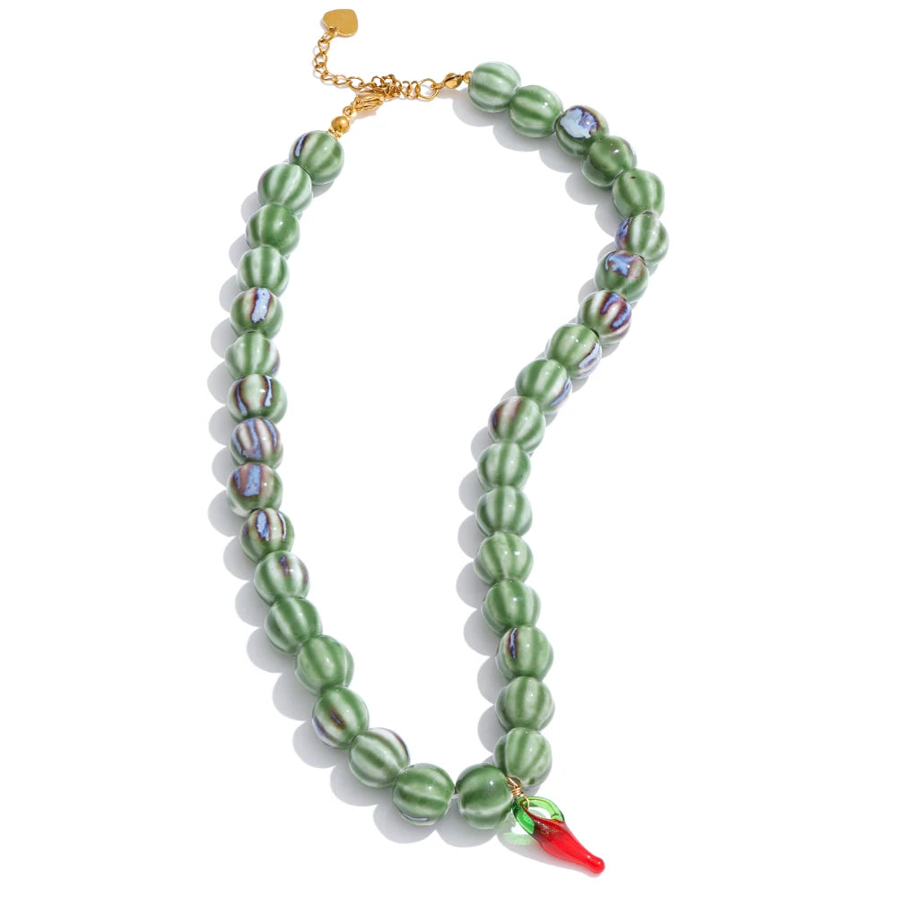Green ceramic beads pendant necklace - product image