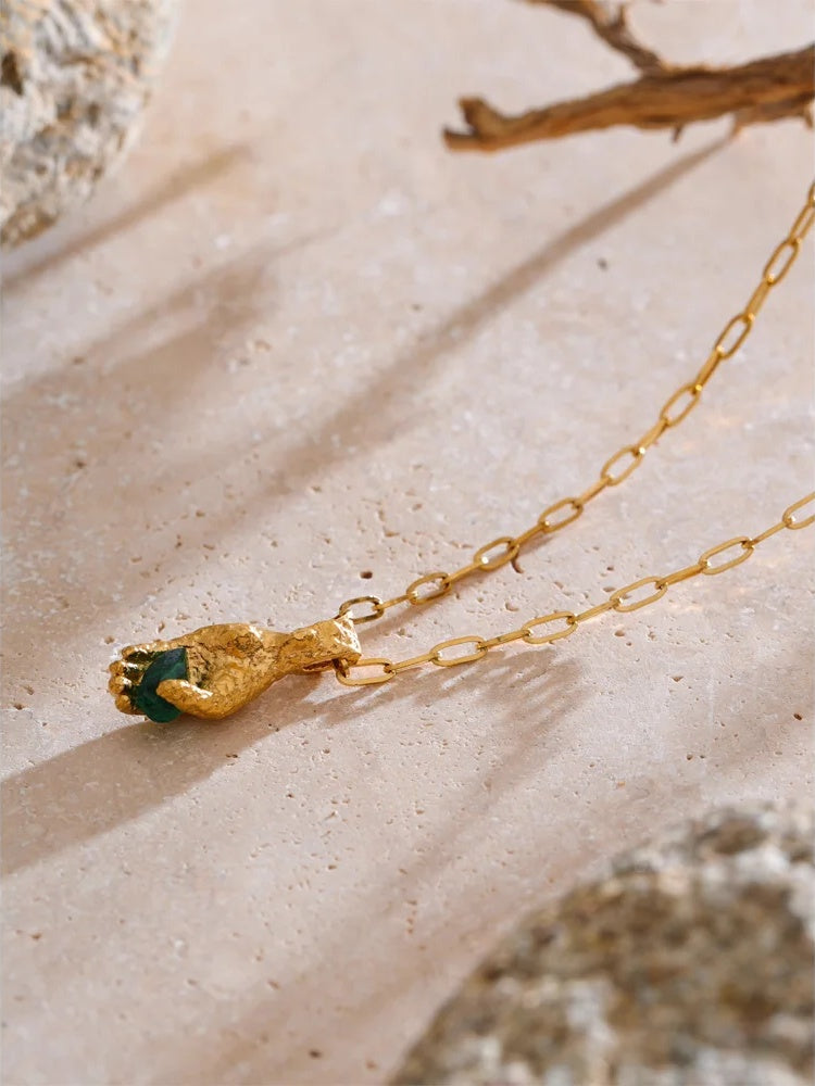 Green cubic zirconia hand palm pendant necklace - product image