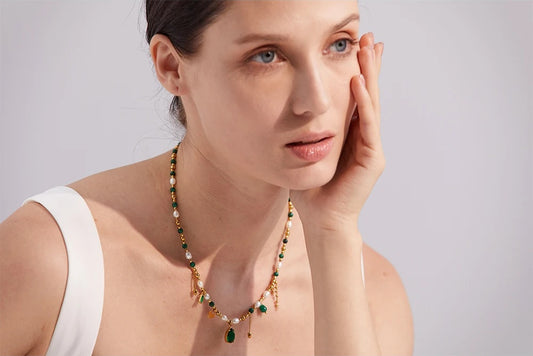 Green cubic zirconia pearl pendant necklace - product image