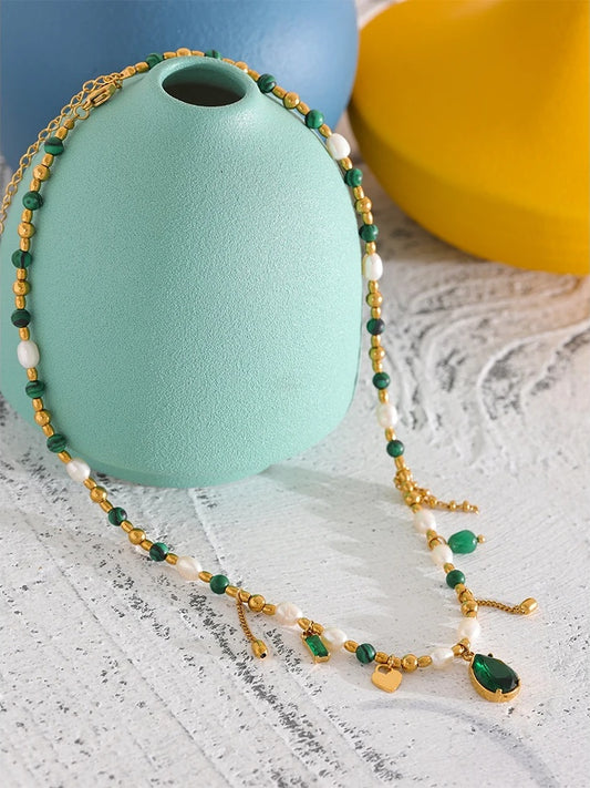 Green cubic zirconia pearl pendant necklace - product image