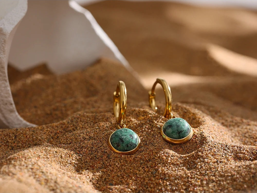 Green natural stone abstract hoop earrings women - product image