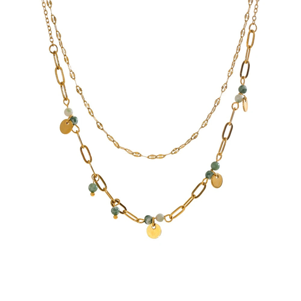 Green natural stone double layer chain necklace - product image