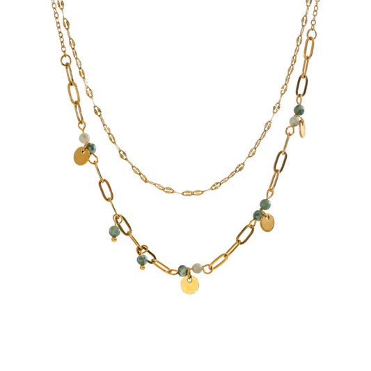 Green natural stone double layer chain necklace - product image