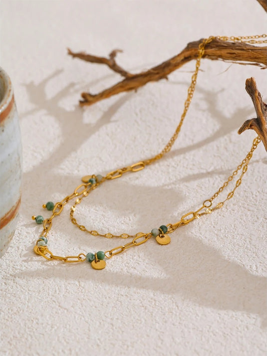 Green natural stone double layer chain necklace - product image