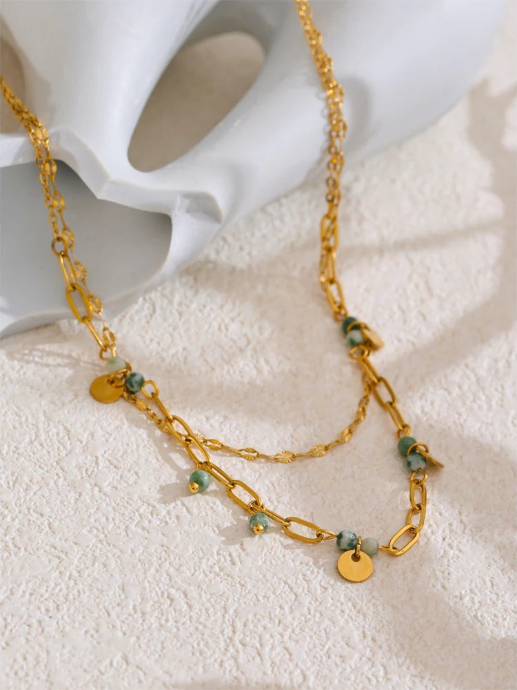 Green natural stone double layer chain necklace - product image