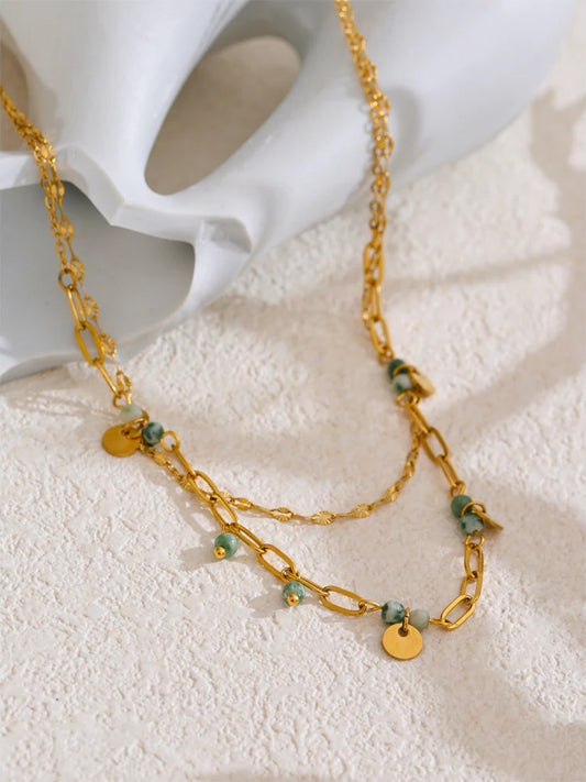 Green natural stone double layer chain necklace - product image
