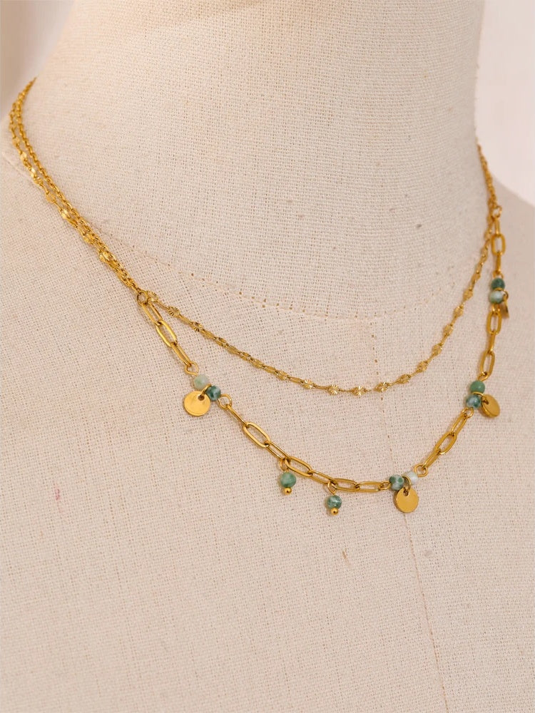 Green natural stone double layer chain necklace - product image