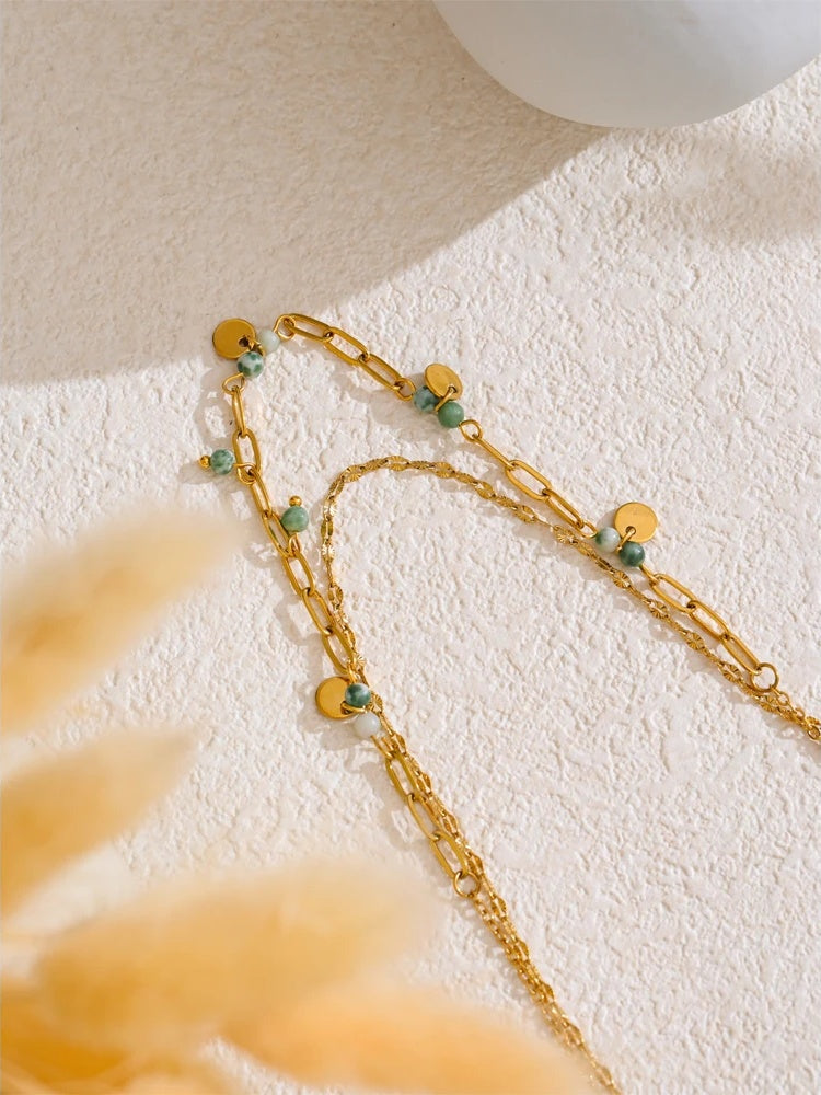 Green natural stone double layer chain necklace - product image