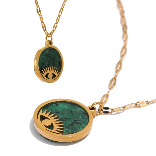 Green natural stone eye pendant necklace - product image