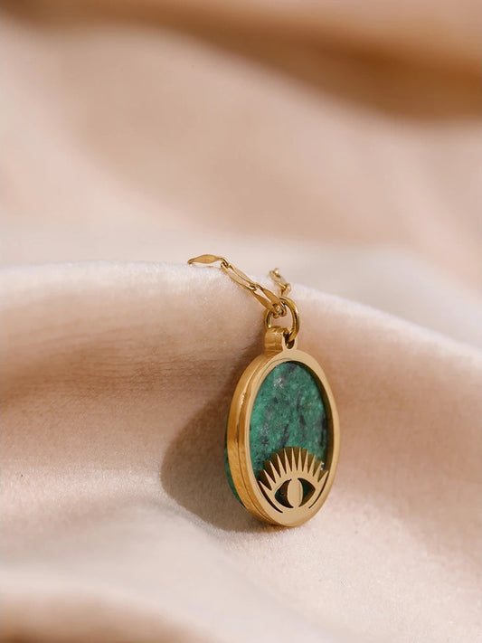 Green natural stone eye pendant necklace - product image