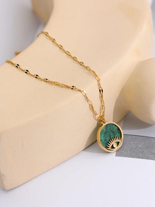 Green natural stone eye pendant necklace - product image