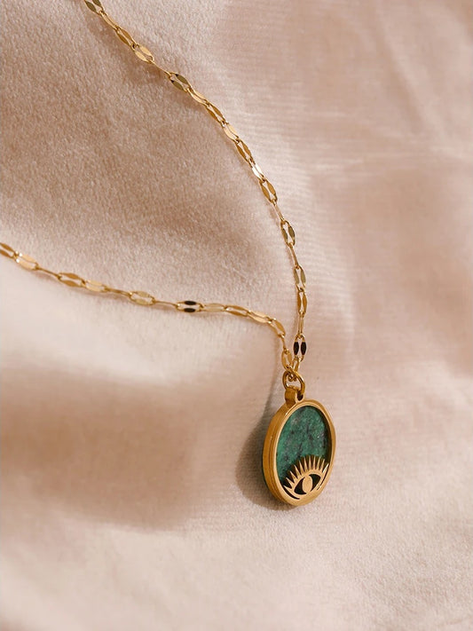 Green natural stone eye pendant necklace - product image