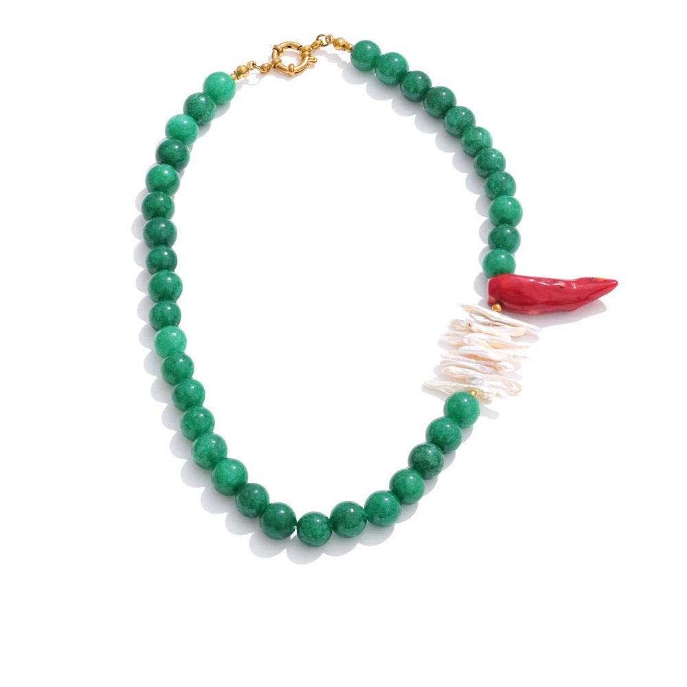 Green natural stone freshwater pearl necklace - product image