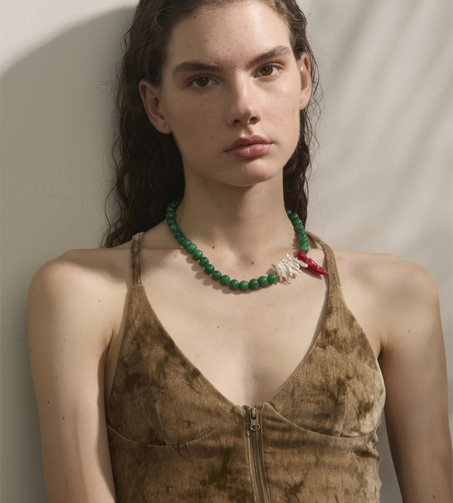 Green natural stone freshwater pearl necklace - product image