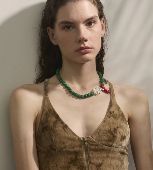Green natural stone freshwater pearl necklace - product image