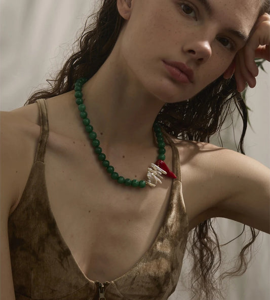 Green natural stone freshwater pearl necklace - product image